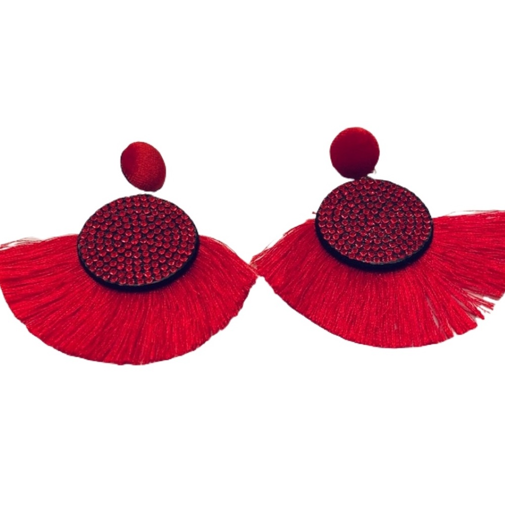 RED TASSEL FRINGE EARRINGS - Picture 2 of 8